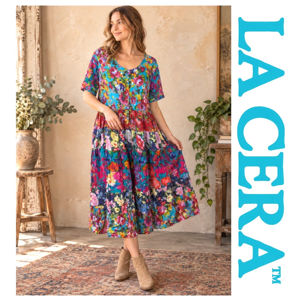 La Cera Vtg Floral 100% Cotton Oversized Tiered Midi Boho Cottagecore Dress L
